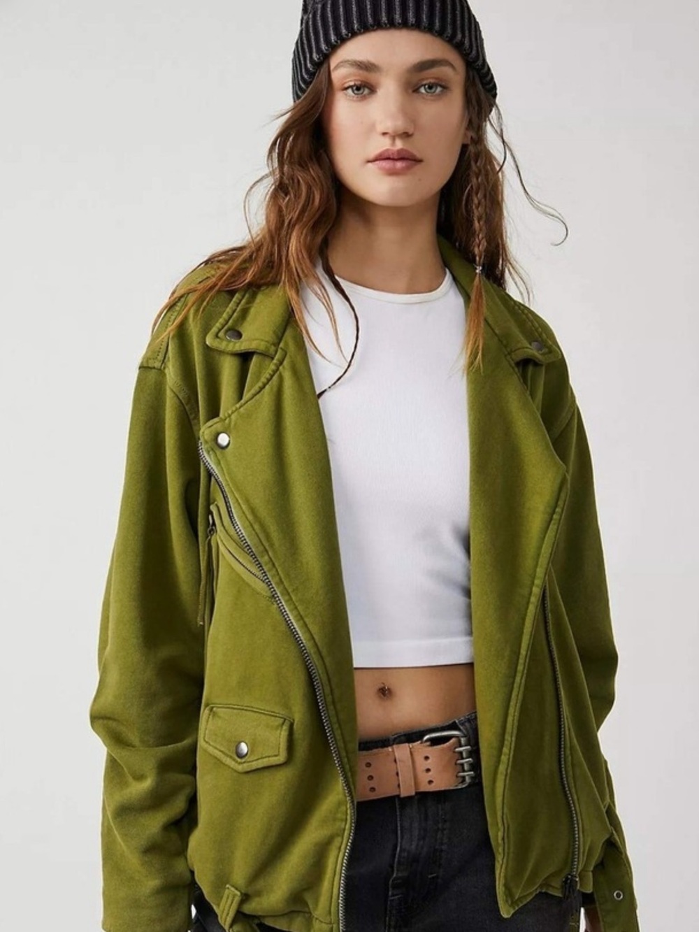 We The Free Olive Green Moto Jacket with Zip Front